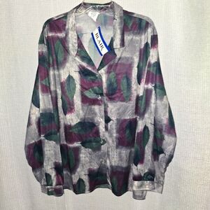 Vintage Blair Semi Sheer Leaf Print Blouse NWT 3X V-Neck Collar 100% Polyester
